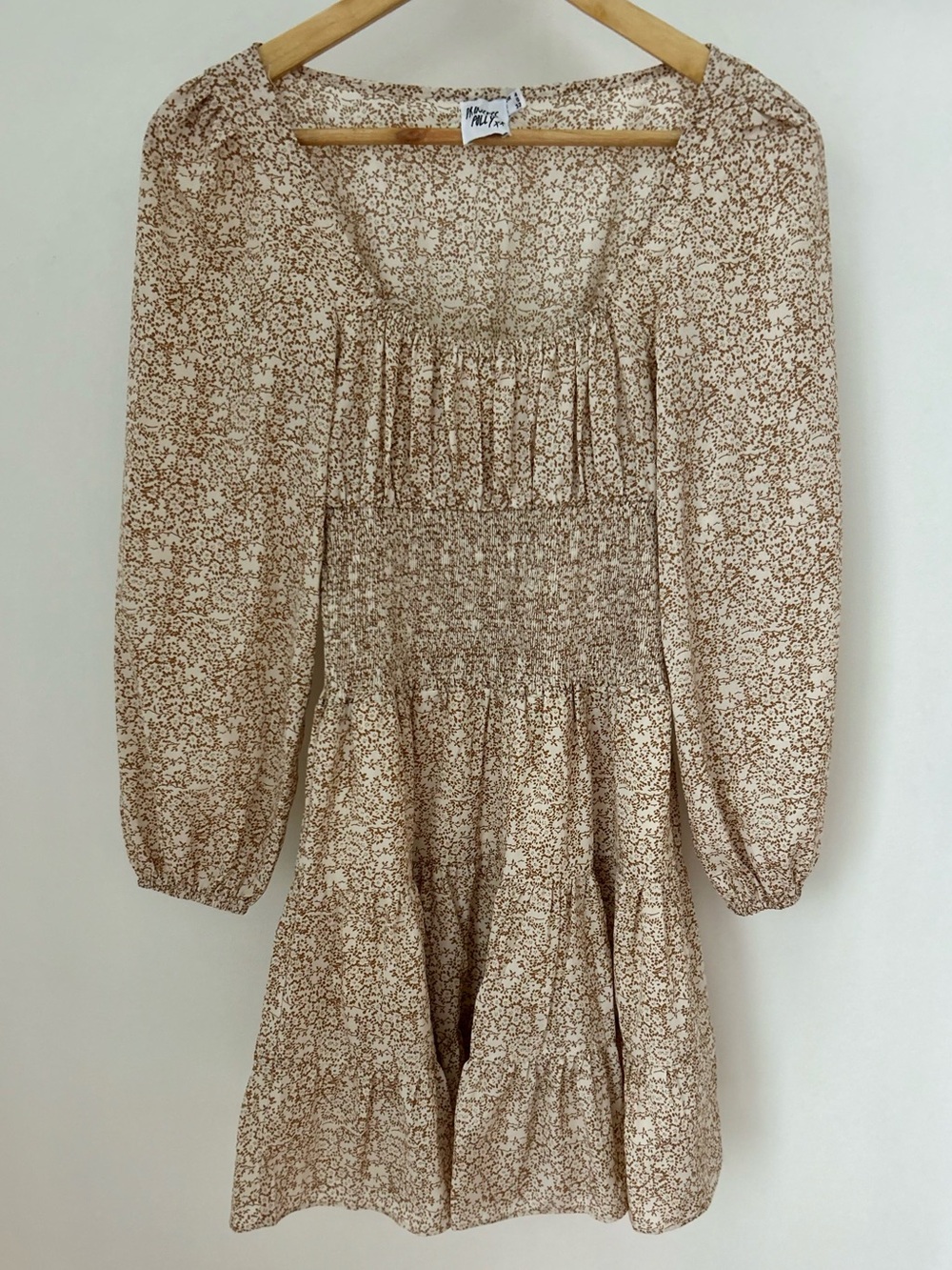 Princess Polly Floral Mini Dress XS Cream Brown Smocked Tiered Cottagecore